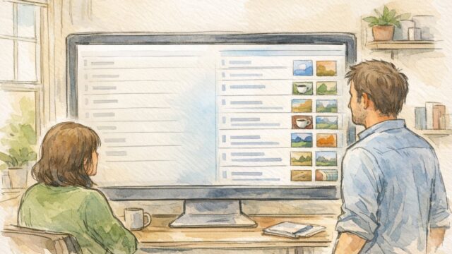 WP 投稿一覧にサムネイル表示（管理画面）で一覧性が高まり、落ち着いた作業環境で投稿を確認する様子