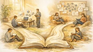 生成AI 勉強 おすすめ本を選ぶために目的別の学習ルートをイラストで示す場面