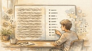 箇条書き 多用 読みやすさを示すオフィス机上のメモ、段落とリストを対比した手描きイラスト