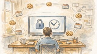 WordPress ログイン有効期限 延ばすための仕様とセキュリティバランスを整理する作業机のイラスト
