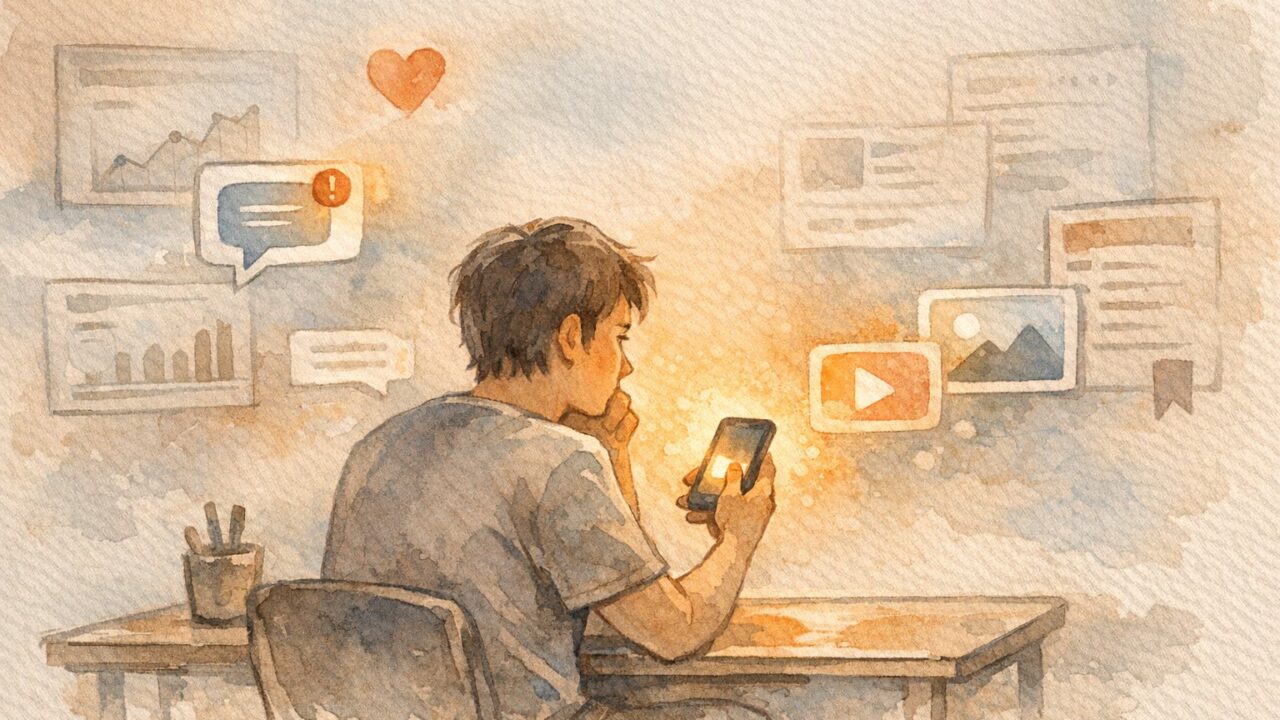 スマホ 読者 集中力を象徴する、画面と浮かぶアイコンに囲まれた大人のイラスト
