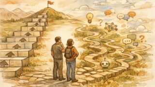 プロンプトエンジニア 学習ロードマップの階段型整理と探索的な道筋を対比するイラスト