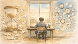 大きな砂時計と小さな時計に囲まれた机で、スキマ時間 執筆と深い集中を対比して描いたイラスト