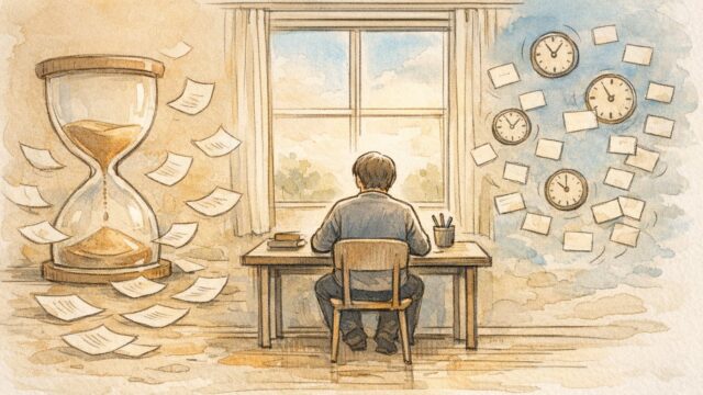 大きな砂時計と小さな時計に囲まれた机で、スキマ時間 執筆と深い集中を対比して描いたイラスト