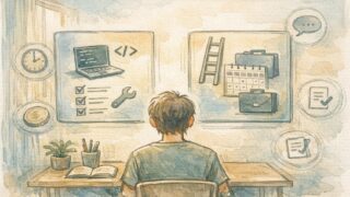 AI オンライン講座 比較の軸を整理し学習目的や条件を静かに見直すイラスト