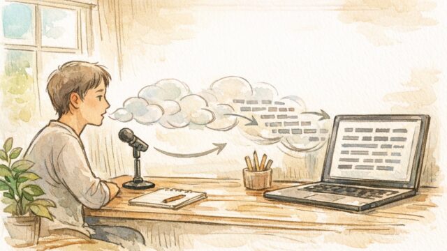 音声入力 記事作成の流れを示す三段階プロセスの手描きイラスト