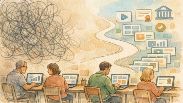 Coursera AI コース 評判を調べる大人たちがオンライン学習を比較検討する様子