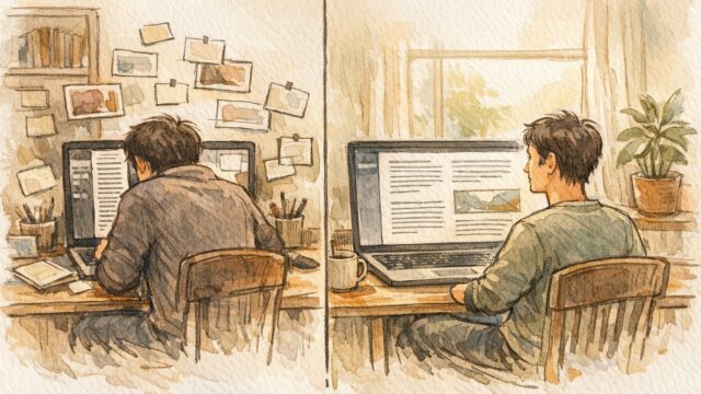 WordPress 投稿画面の幅 広げる前後を対比し、狭いエディタと広いエディタで執筆のしやすさが変化する様子