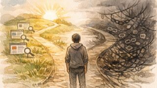 分かれ道に立つ人と明るい道と暗い近道でブラックハットSEO リスクを象徴的に表現