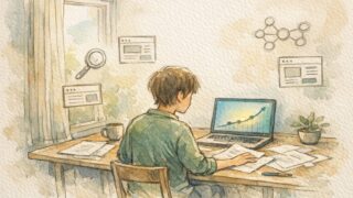 静かな日差しのデスクで作業する人と穏やかな成長グラフ、ホワイトハットSEO 継続のイメージ