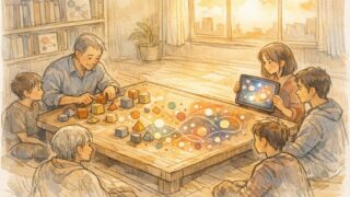 穏やかな部屋で子供と大人がAIと論理的思考を学ぶ様子, 子供向け AI 教育 必要性
