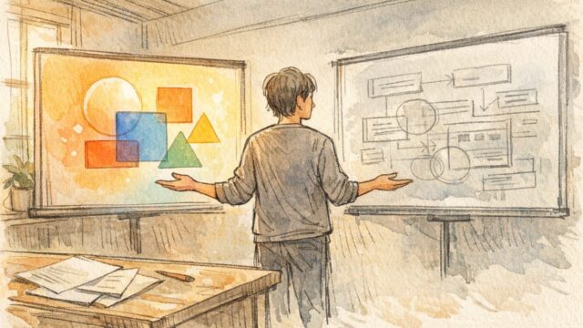 Gamma AI プレゼン 精度を外見デザインと情報構造の対比で考えるワークスペースイラスト