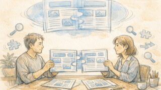外部ライター 記事 修正でずれる期待値を示す、青写真を照合する大人の打ち合わせイラスト