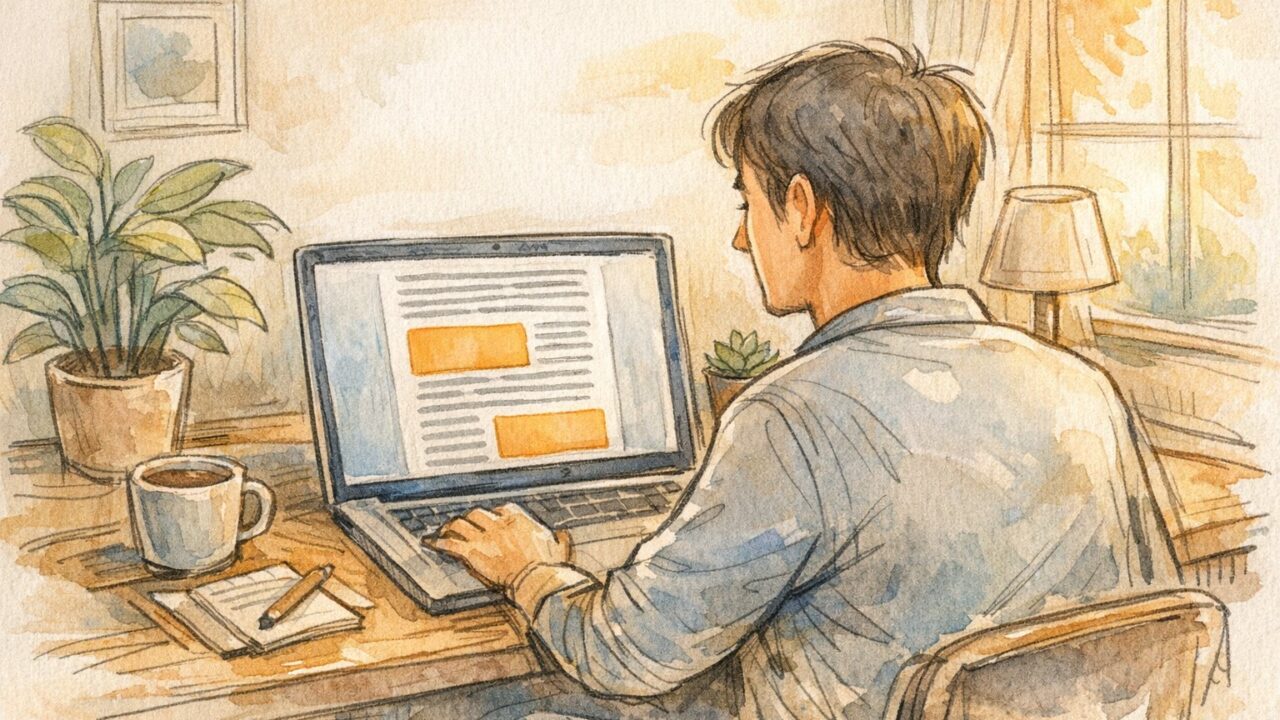WPで広告を記事の途中に自動挿入しつつ読みやすさと収益の調和を図る作業机の様子