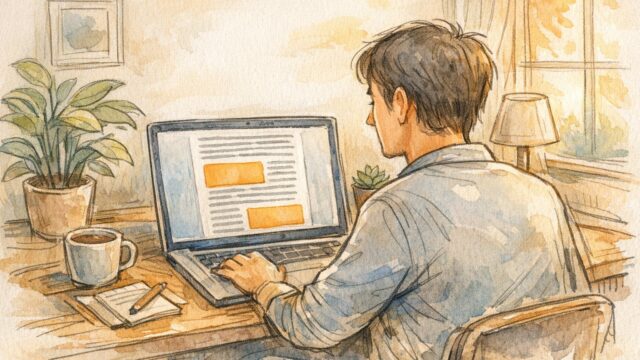 WPで広告を記事の途中に自動挿入しつつ読みやすさと収益の調和を図る作業机の様子