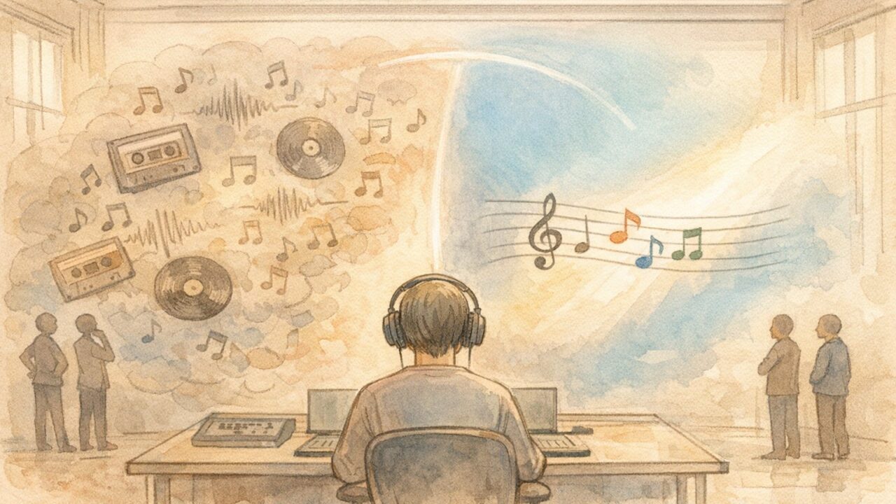 Suno AI 音楽生成 著作権の境界を示す学習データと生成曲の対比イラスト