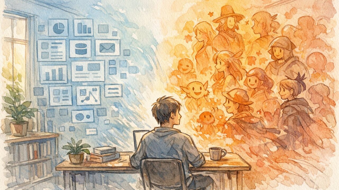 キャラクターAIの画面に向かう大人と抽象的な会話空間、Character.ai 楽しみ方のイメージ