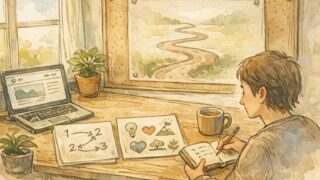 静かなデスクでノートとブログ画面を見つめる人、ブログ 継続のコツとして目的と目標を整理する様子