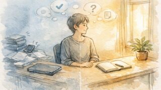 外側の雑音と内面の整理を切り分ける人を描いた、ライティング モチベーションのイメージ