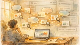 WP 検索クエリを計測する方法を象徴する、検索ユーザーとWPページのつながり図解