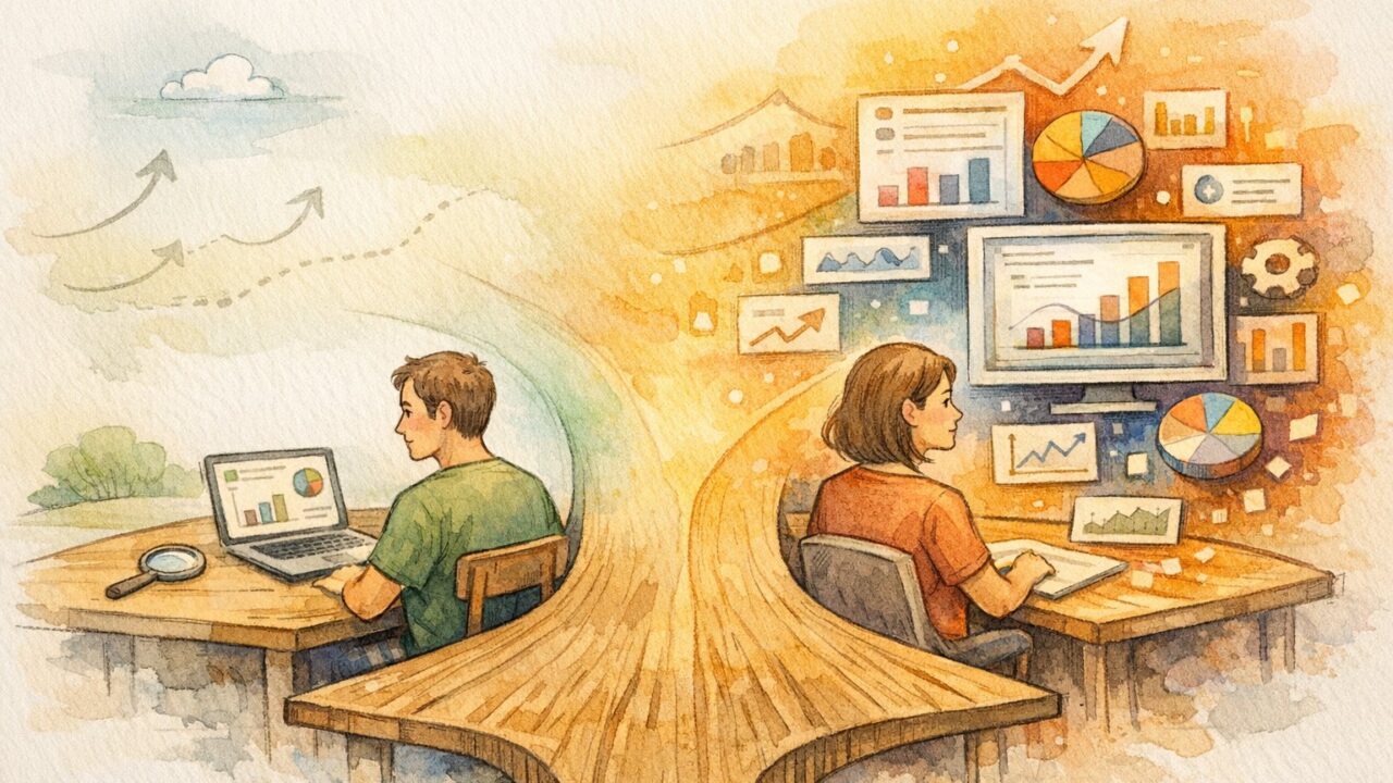 無料デスクと高機能デスクを比較する人物を描いた、SEO ツール 無料 vs 有料の対比イラスト