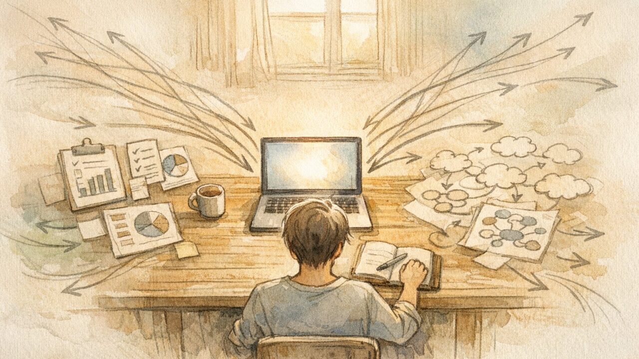 検索意図と読まれる理由が交差するデスク風景、個人ブログ 勝ち筋を探る作業シーン