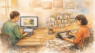 スタジオで並ぶ二人の制作者、Krea AI リアルタイム画像生成と静的生成の対比を描くイラスト