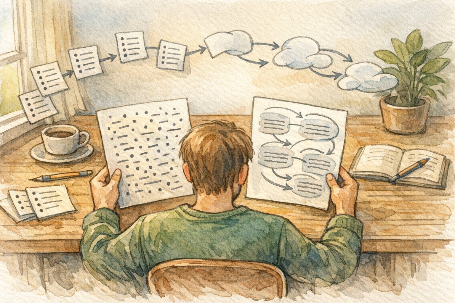 デスクで資料を見比べる人物、箇条書き 多用 読みやすさのバランスを考える場面