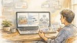 WordPress テーマ SEOを見直し、構造や表示速度を静かに分析するワークスペースイラスト