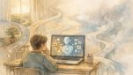 AI による 自己分析 ・ キャリア診断でスキルやキャリアパスを整理する様子を描いたイラスト