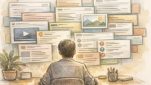 検索結果 占有率を示す画面を眺める人物と多様なコンテンツパネル