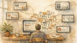 WP JSON API 活用を象徴する、Webページからデータエンドポイントへ視点転換する概念イラスト