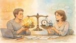 SEOライター 評判を象徴する天秤と仕事机、成果と信頼のバランスを考えるイラスト