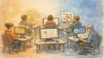 クラウドソーシング AI 案件 の 現状を象徴する、人とAIが協働する作業風景イラスト