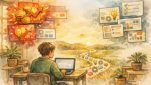 自宅デスクでAI副業を調べる初心者、玉石混交の情報を眺めながらロードマップを思案
