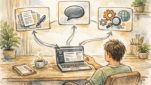 WP ChatGPT 連携 プラグイン おすすめを比較検討する作業机と3つの活用パターンイラスト