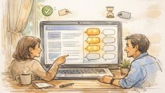 WP コメント 承認制 設定の基本仕様を整理するデスクとブログ画面のイラスト