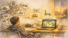 散らかった旅のメモが整理される様子、旅行計画 AI 自動作成 プロンプトの概念を示すイラスト