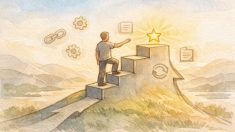 1位取るための最後の一押しを象徴する山頂目前の人物と小さな改善アイコン