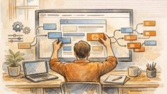 WP インフィード広告 設置方法を検討する作業デスクと画面レイアウトの様子