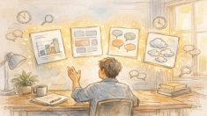 AI ライティング 比較の前提条件を整理し、用途別に文章スタイルを検討する作業机のイラスト