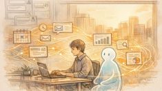 パーソナル AI エージェント の 未来を象徴的に描いたビジネスワークスペースと人とAIの協働シーン