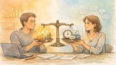 SEOライター 評判を象徴する天秤と仕事机、成果と信頼のバランスを考えるイラスト
