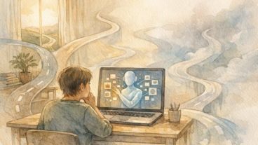 AI による 自己分析 ・ キャリア診断でスキルやキャリアパスを整理する様子を描いたイラスト
