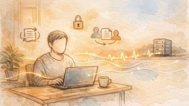 WP ハートビート API 制限を意識しつつ、ブラウザとサーバーの静かな通信と保護機能を象徴的に描いたイラスト