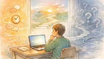 英語学習 AI 活用 最強メソッドへの期待と違和感を静かな緊張感で描いたイラスト
