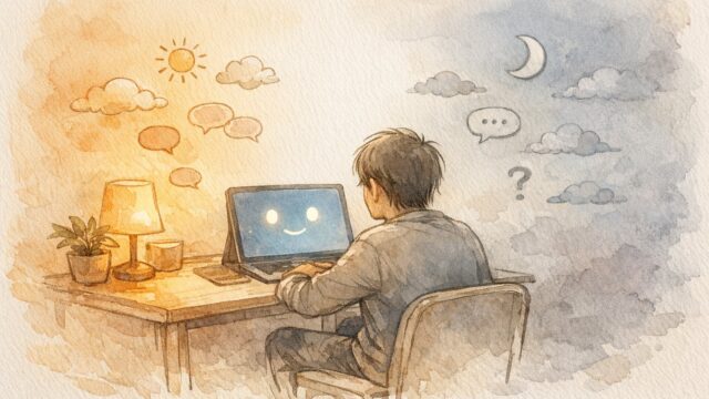 AIメンタルヘルスケアの可能性を象徴する、穏やかな対話と静かな葛藤を描いたイラスト