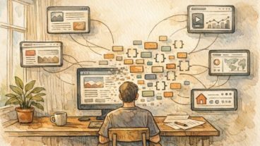 WP JSON API 活用を象徴する、Webページからデータエンドポイントへ視点転換する概念イラスト