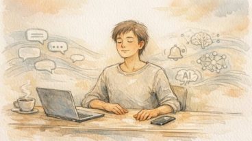 静かなワークスペースでデジタルデトックス と AI の 距離感を穏やかに保つ人物のイラスト