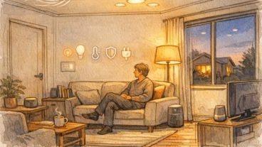 夕暮れのリビングで住人がくつろぎ、スマートホーム AI 連携が照明や空調を自動調整する様子